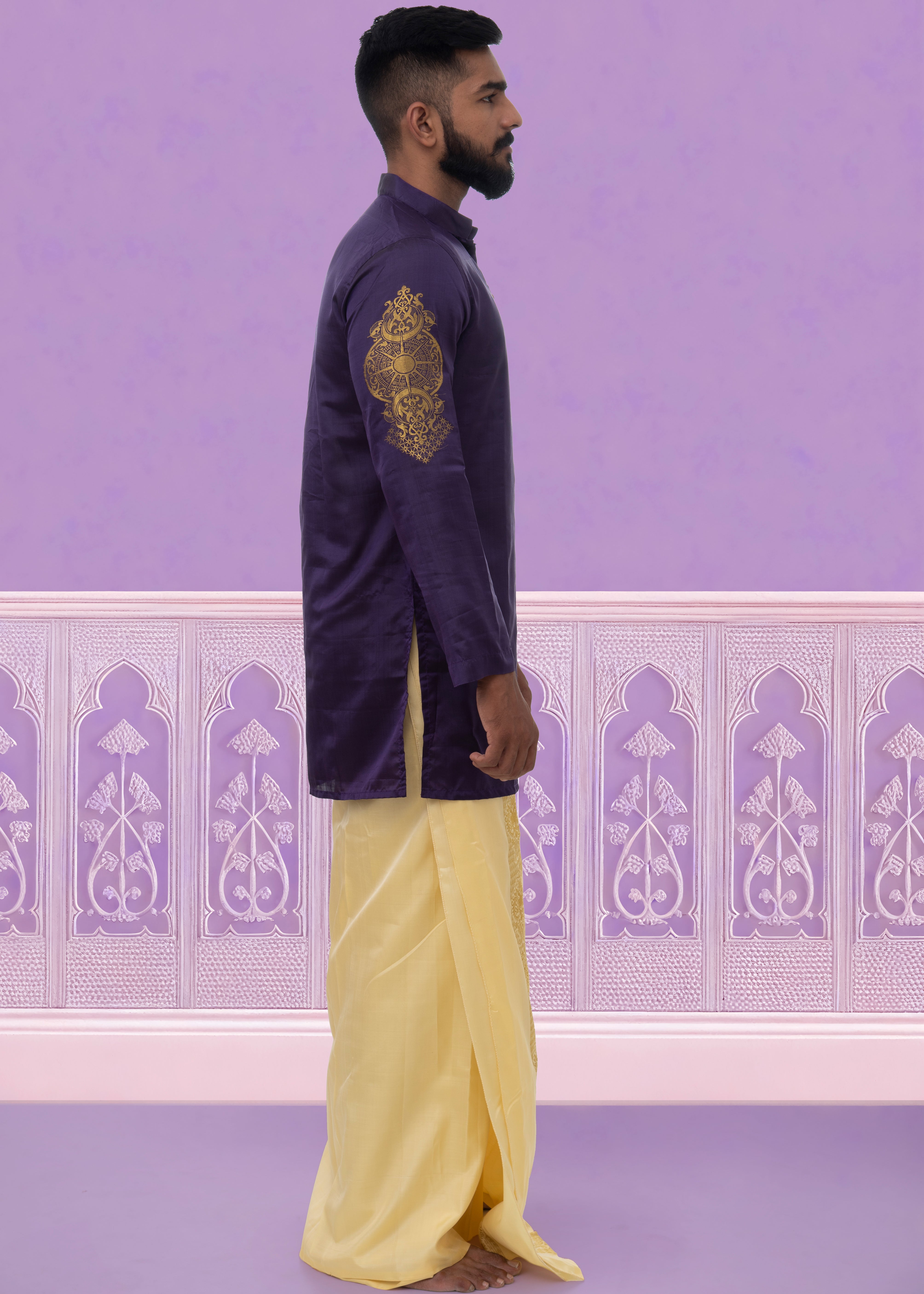 Leo zodiac embroidered silk kurta handloom purple Mulberry silk kurta with golden zari Mughal style handloom silk kurta with German golden zari side view
