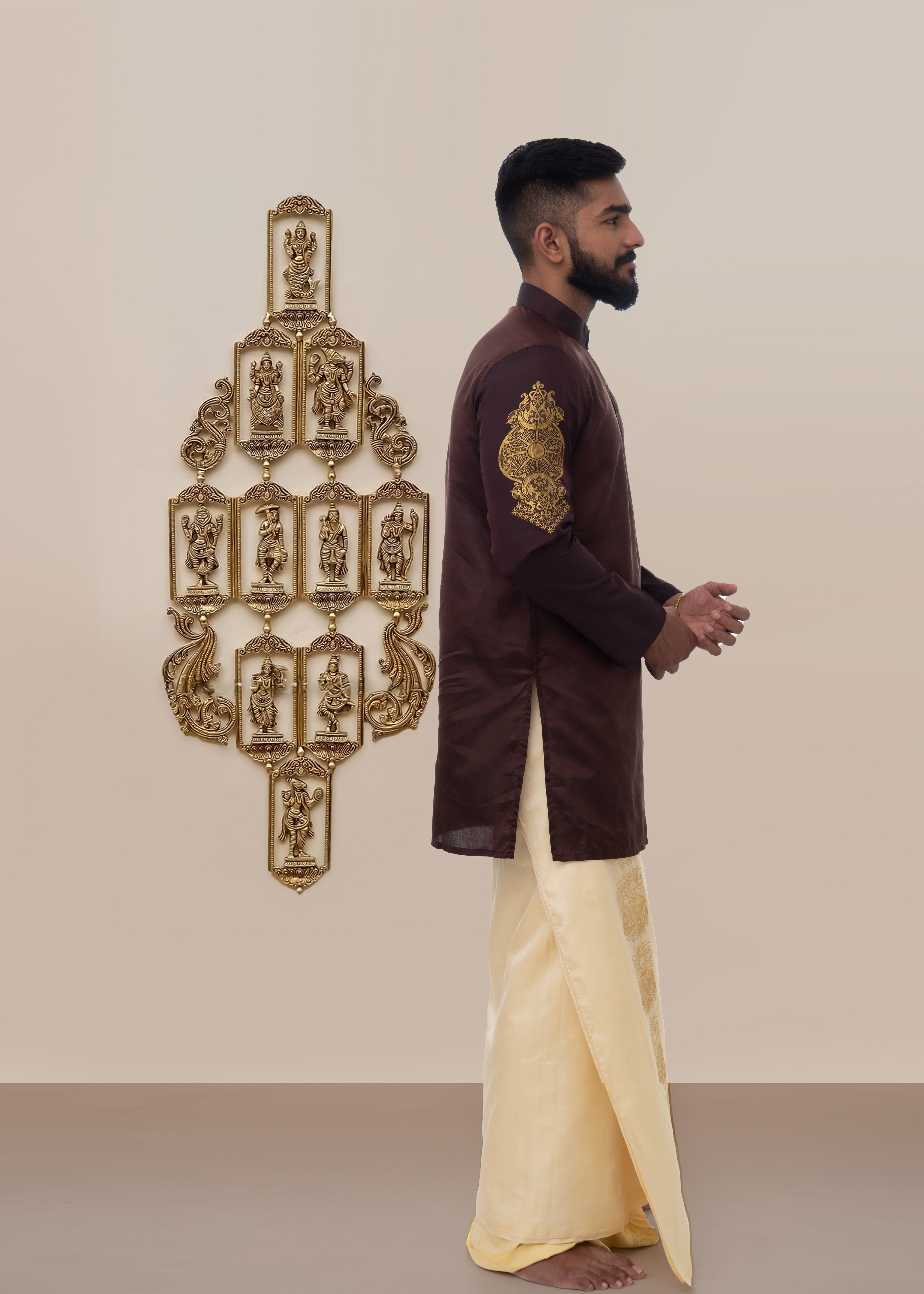 Aquarius zodiac embroidered silk kurta handloom maroon Mulberry silk kurta with golden zari Mughal style handloom silk kurta with German golden zari side view