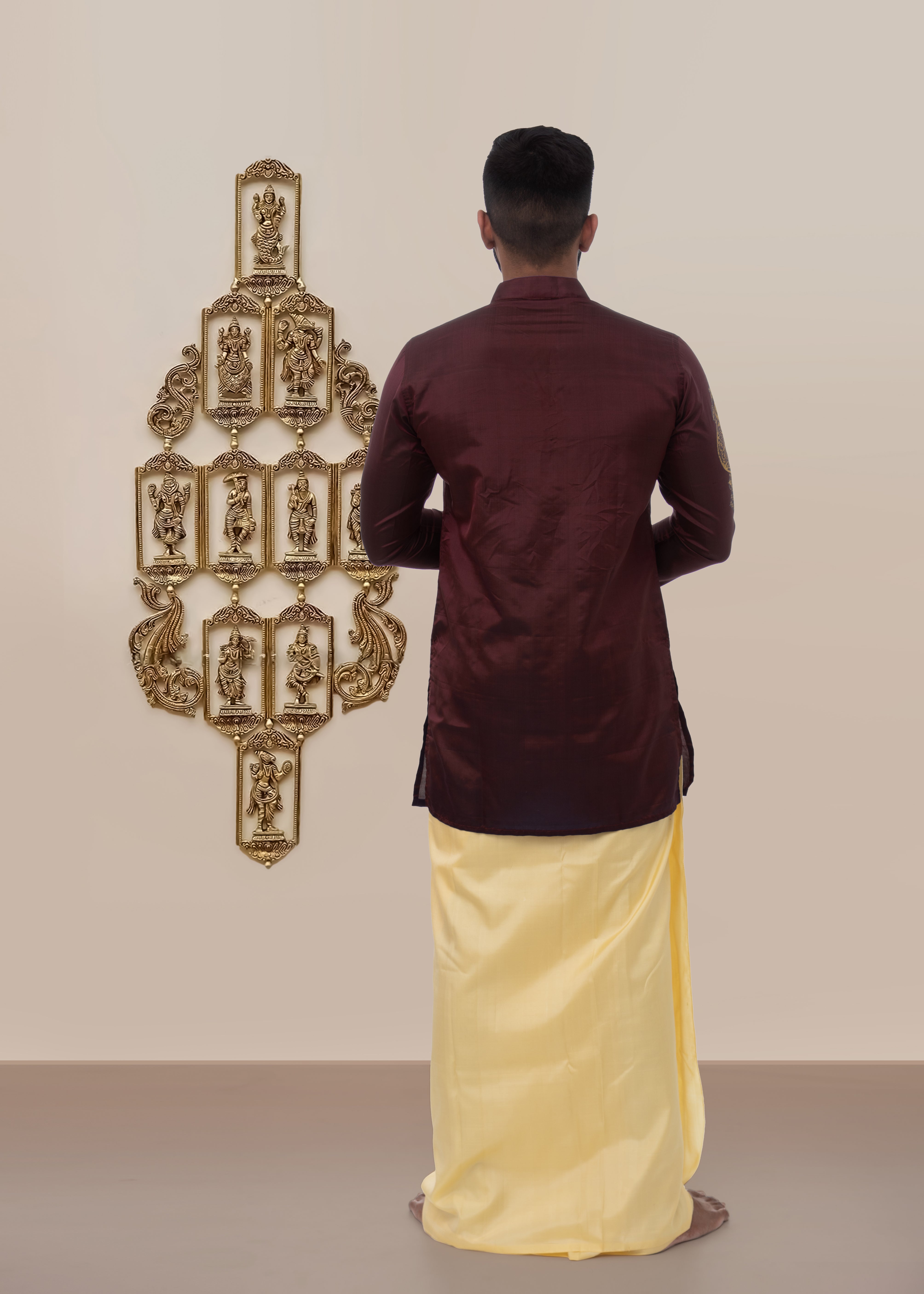 Virgo zodiac embroidered silk kurta handloom maroon Mulberry silk kurta with golden zari Mughal style handloom silk kurta with German golden zari backside view