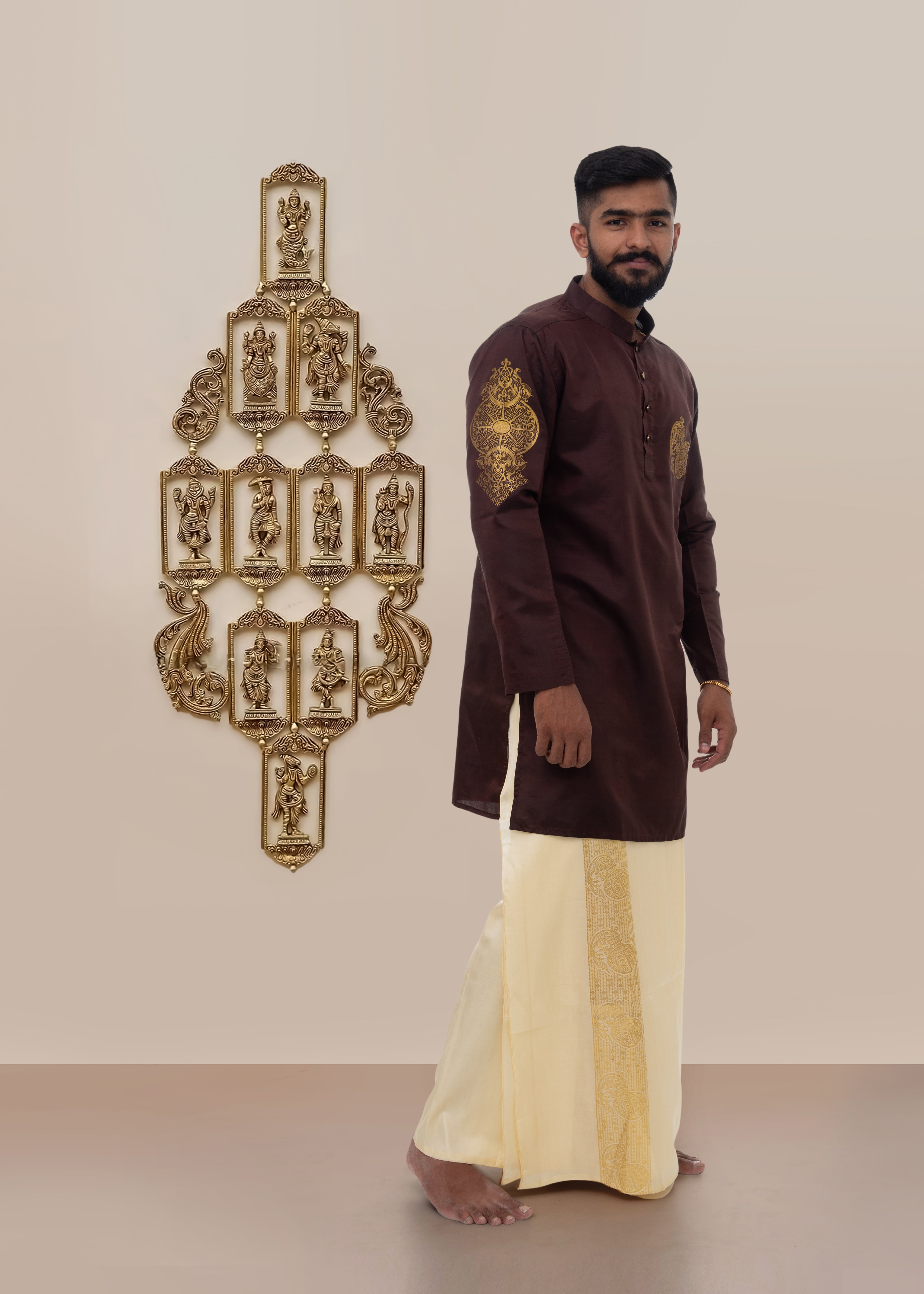 Aquarius zodiac embroidered silk kurta handloom maroon Mulberry silk kurta with golden zari Mughal style handloom silk kurta with German golden zari side view