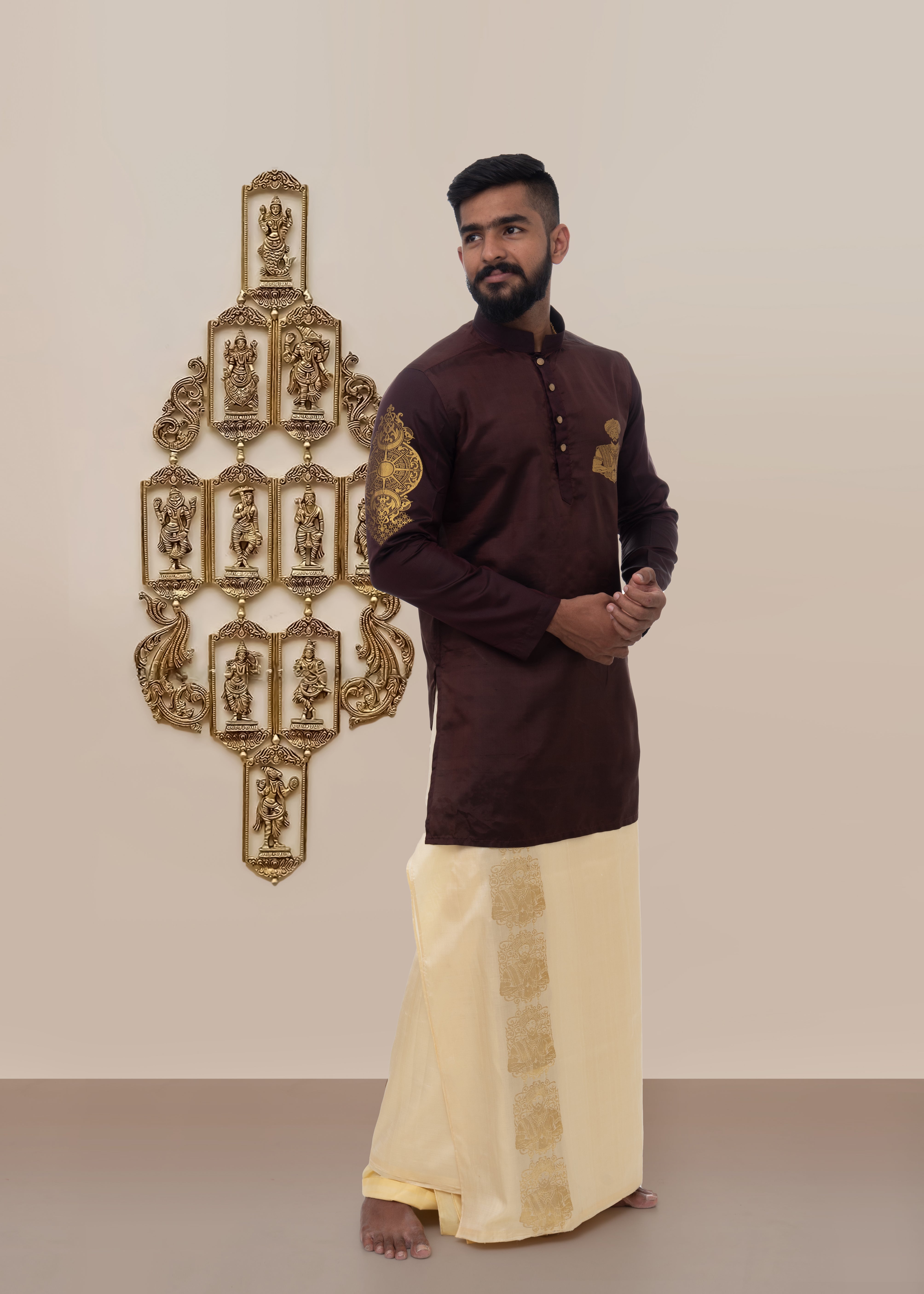 Virgo zodiac embroidered silk kurta handloom maroon Mulberry silk kurta with golden zari Mughal style handloom silk kurta with German golden zari side view