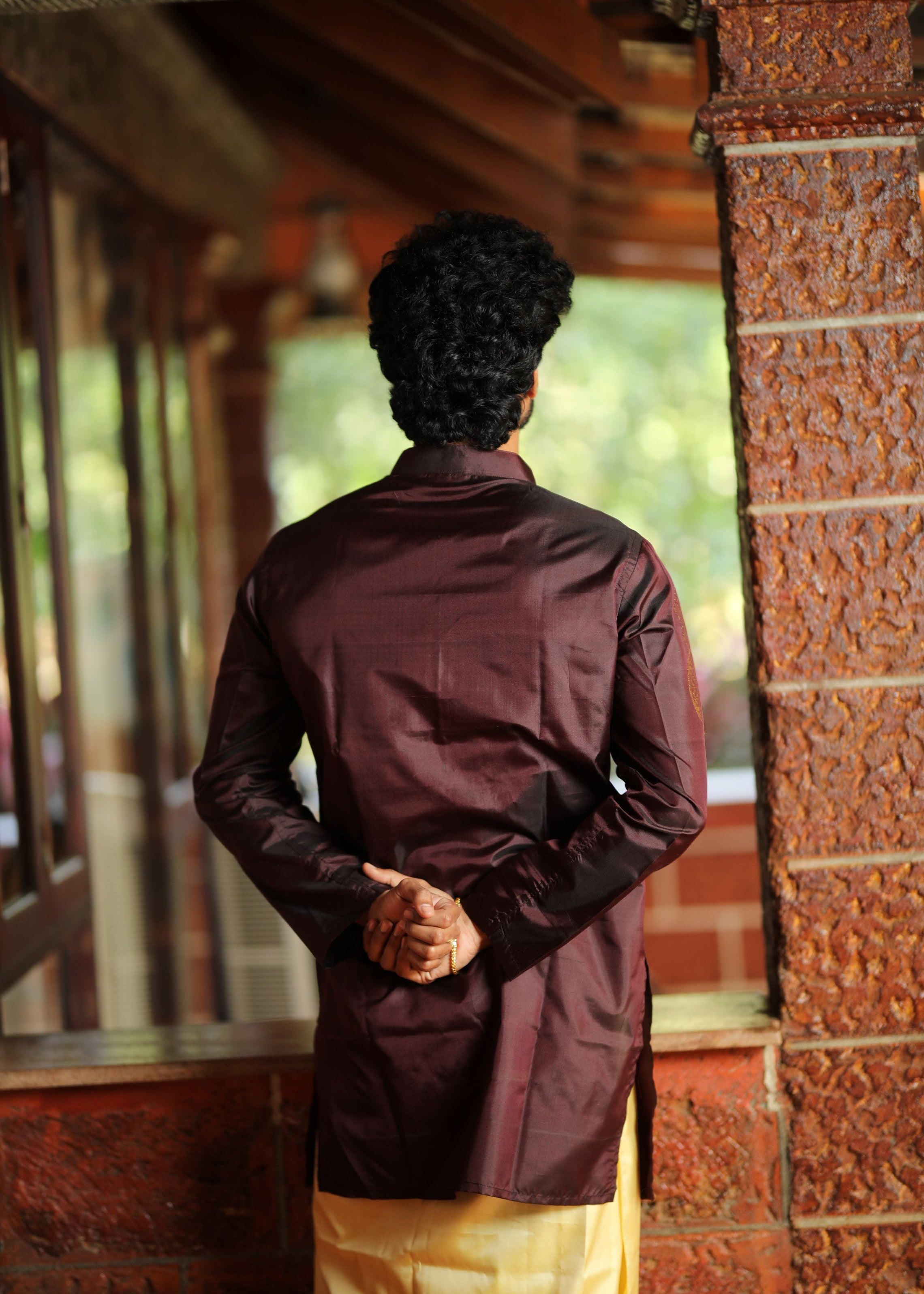 Taurus zodiac embroidered silk kurta handloom Maroon Mulberry silk kurta with golden zari Mughal style handloom silk kurta with German golden zari backside 