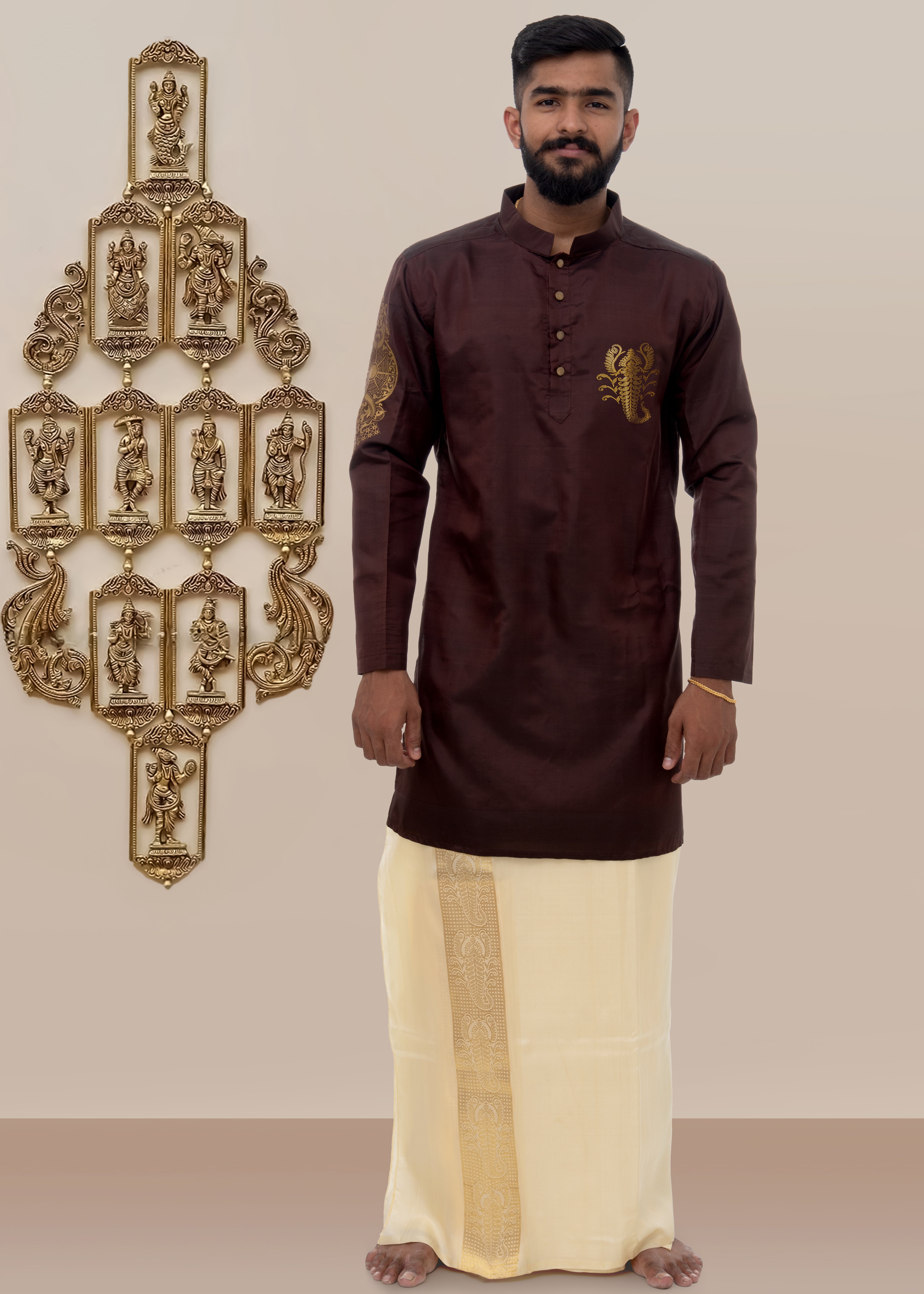 Scorpio zodiac embroidered silk kurta handloom maroon Mulberry silk kurta with golden zari Mughal style handloom silk kurta with German golden zari 